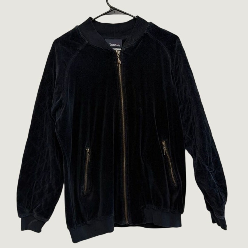 Catalina Velour Bomber Jacket Small Quilted Sleeve Zip Up Cotton Blend Black VTG
